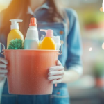 Female professional cleaner holding cleaning supplies at home 